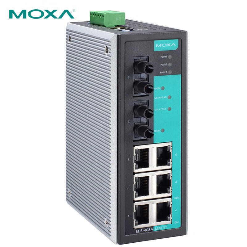 Moxa 8-port managed 100M industrial Ethernet switch with two multi-mode optical ports; EDS-408A-MM-ST