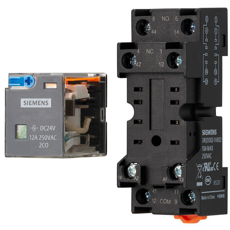 Siemens 3RQ0 series plug-in pin type relay high-performance model DC24V 2CO 12A with mechanical indication, LED and test lever built-in anti-surge diode; 3RQ00720DB43