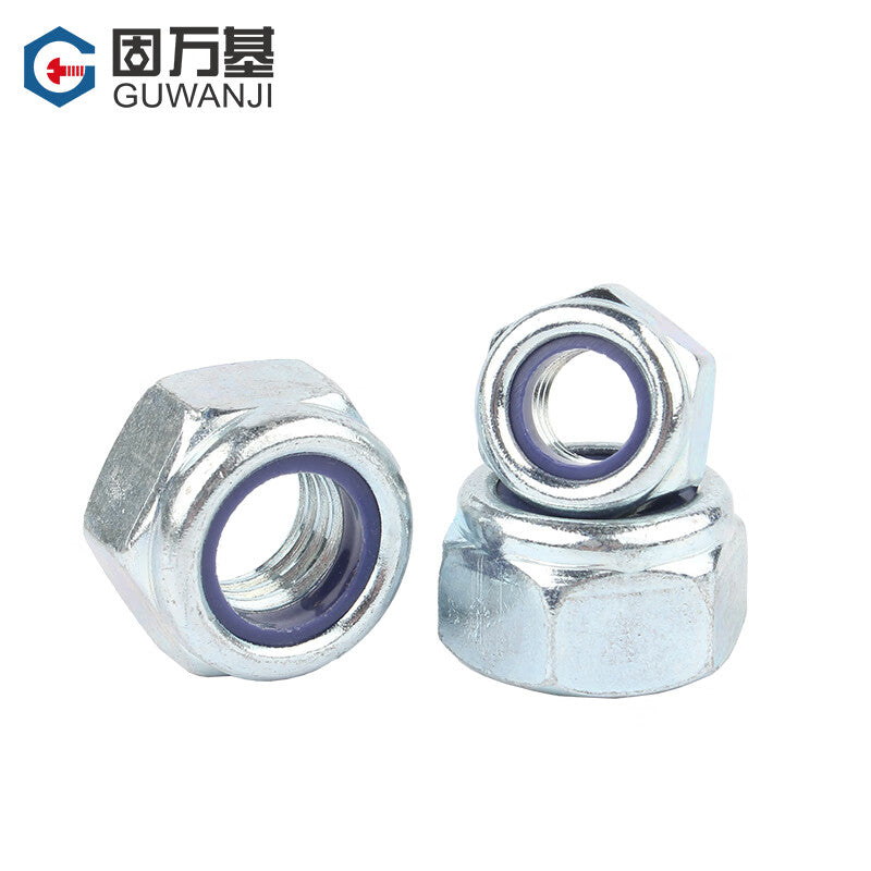 Guwanji GB/T 889 Non-metallic Insert Hexagonal Locking Nut, Grade 8.8 Blue-White Zinc Plated Hexagonal Anti-loosening Nut, Locking Thread Nut, Self-locking Anti-slip Nut, M6 [100 pieces]
