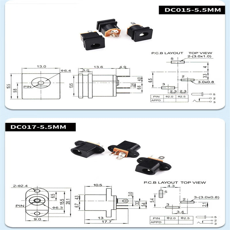 Ouhuayuan Multi-Specification DC Power Plugs and Sockets 002/005 3.5-1.1mm 5.5-2.1mm DC 10pcs DC-022 5.5*2.1mm