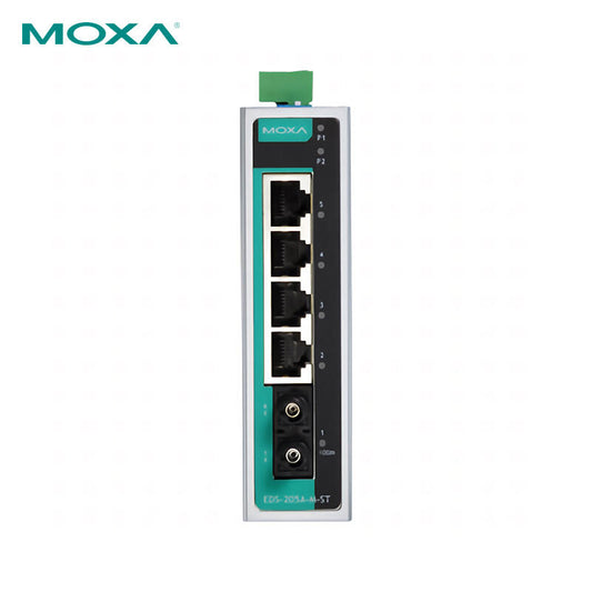 Moxa 5-port unmanaged 100M industrial Ethernet switch with one multimode fiber port; EDS-205A-M-ST