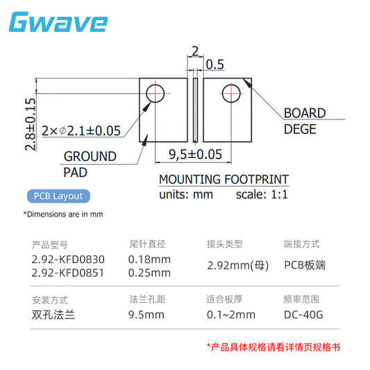 GWAVE Valley Wave Technology 2.92-KFD0851 Microwave RF Dual-Hole Flange 40G Straight-Through PCB Board Solderless Connector (1 piece)