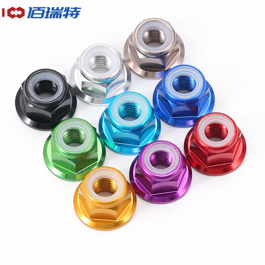 Bairuite Multi-Color Aluminum Alloy Flange Nuts with Nylon Rings, Self-Locking Nuts, Locking and Anti-Loosening Nuts M2 [5 Pieces] Orange