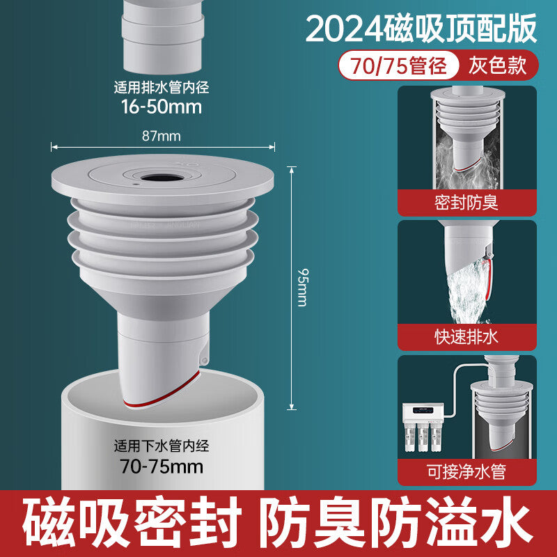 Andatong Sewer Odor Prevention Device, Drain Pipe Sealing Cap, T-Joint Odor Prevention Sealing Plug, Check Valve Connector, Gray Magnetic [Suitable for 70-75mm Pipes]