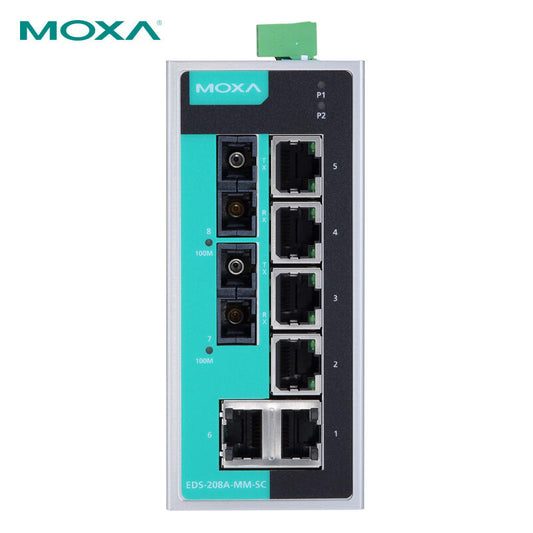 Moxa 8-port unmanaged 100M industrial Ethernet switch with two multimode optical ports; EDS-208A-MM-SC