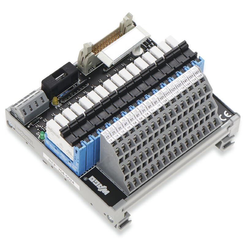 WAGO system wiring interface module, pluggable connector in accordance with DIN41651, pin connector, 20 poles, 16-channel relay output, 1 changeover contact, 1x opening, three-layer PCB terminal block, fixing bracket; 704-5024