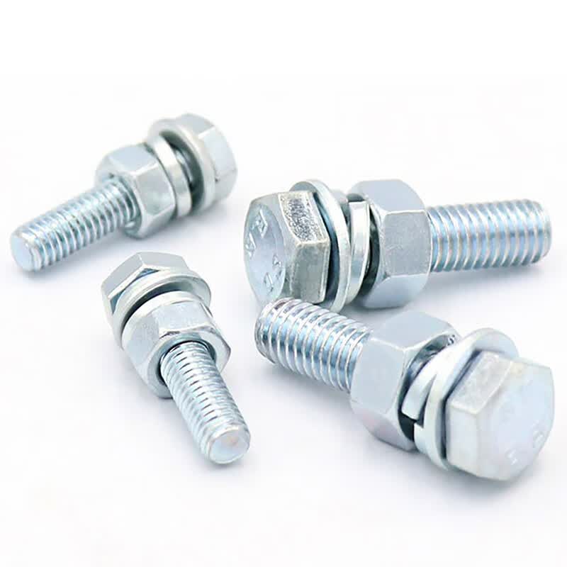 Bingyu BYly-69 8.8 grade GB5783 blue and white zinc external hex bolt with flat spring washer and nut, full thread four-piece combination screw M10*50 (30 sets/pack)