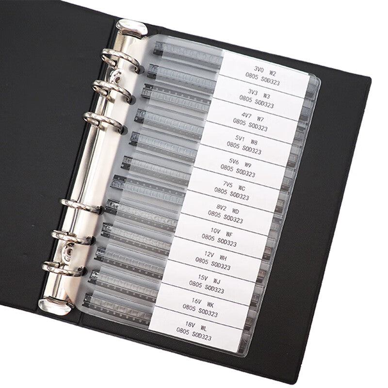 Fengjue SOD-123/323 Zener diodes, 50 of each of 56 different types, surface mount 0805 1206 sample package, Zener diode package.