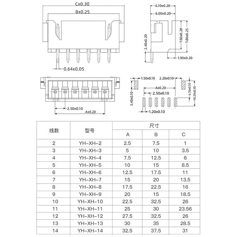 Huijun XH2.54MM connector plug and socket plug-in terminal block straight pin connector XH2.54-2P 100 sets