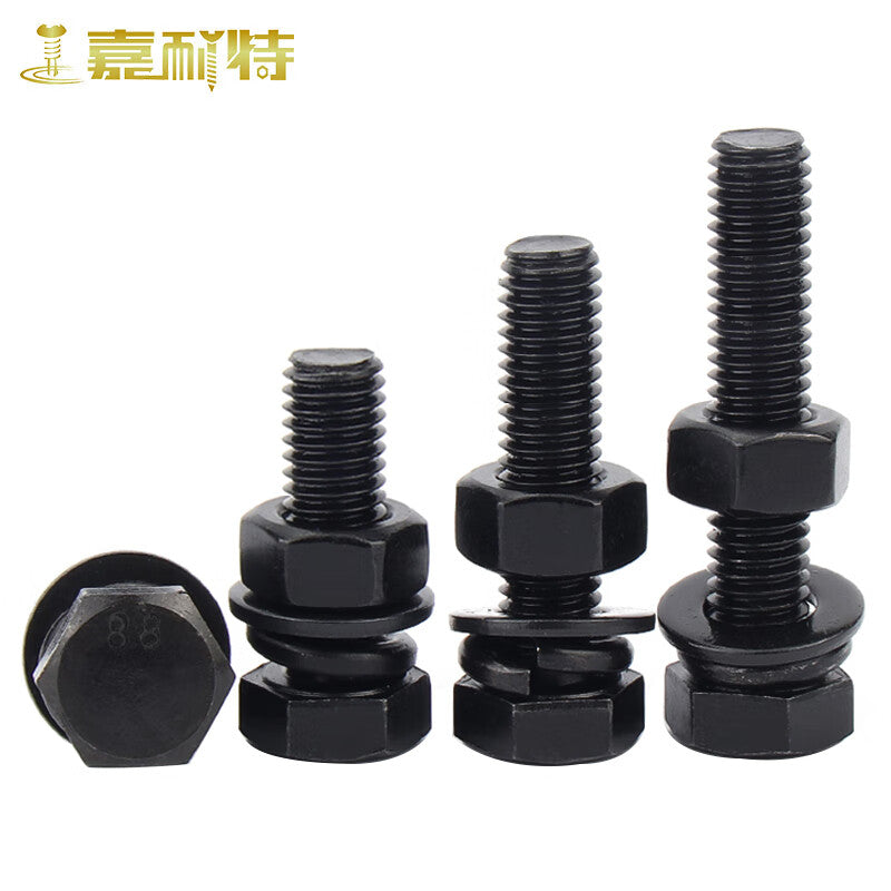 Jianet 8.8 grade blackened external hex bolt, screw and nut set, high strength flat washer and spring washer four-piece combination M12*70 (10 sets)