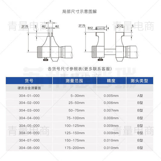 Northwest Qingliang Internal Micrometer, Two-Point Caliper Type, High-Precision Micrometer Instrument for Measuring Internal Diameter, 304-03-000/50-75mm, without Ring Gauge