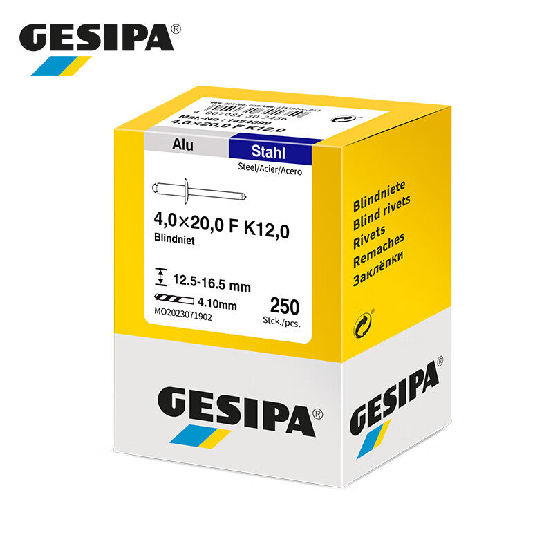 GESIPA 1454099 Standard Large Flange Blind Rivet, Aluminum/Steel, 4.0x20.0 F K12.0, 250 pieces/box