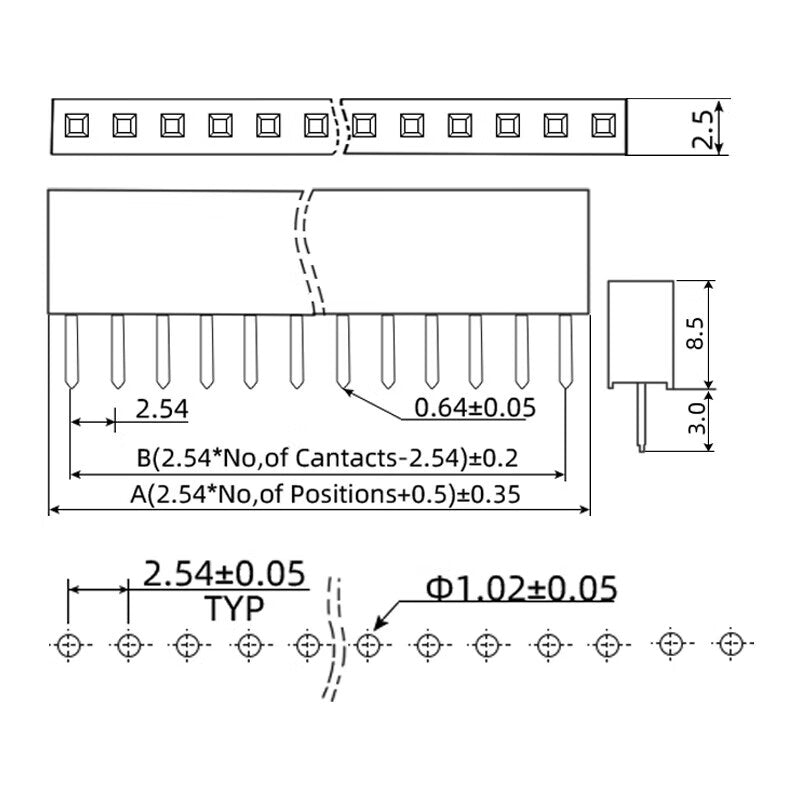 Huijun 2.54mm Single-Row Female Socket, Copper Alloy Single-Row Pin Socket, 6P Single-Row Pin Female Socket (20 pieces)