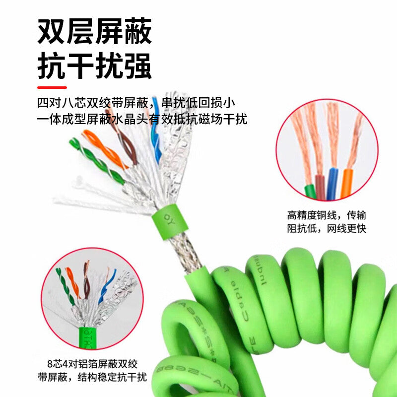 Longyan RJ45 Industrial Spiral Retractable Network Cable Connector, Super 6000GHz Spring-loaded Double-shielded 8-core Network Cable, 10m Extension LY-PJ3R10