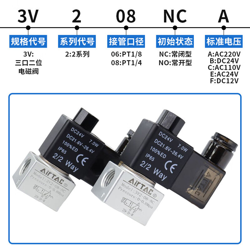 AirTAC 2-position 3-way normally closed, direct-acting solenoid valve, DIN socket type; 3V208NCB