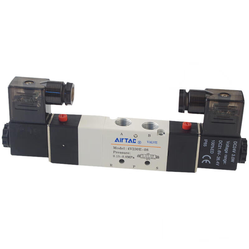 AirTAC internal pilot solenoid valve, 3-position 5-way center-through, double solenoid, DIN socket; 4V230E08B
