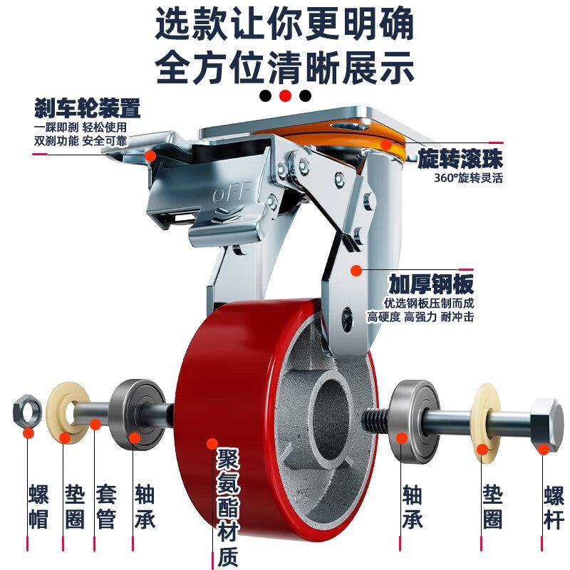 Thousand-speed wheel heavy-duty iron core polyurethane PU load-bearing wear-resistant trolley caster, 4-inch medium size, swivel caster with brake.