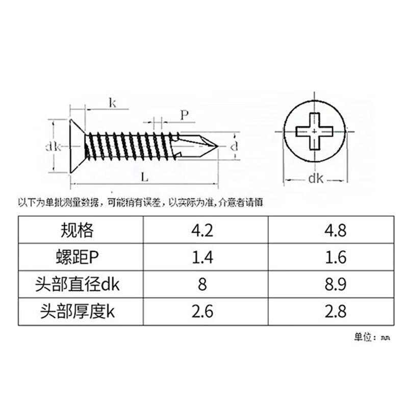 Bingyu Cross-head Countersunk Self-Drilling Screws, Flat Head Drill-Screws, Dovetail Screws, GB15856.2 H-type, Blue-White Zinc, ST4.2*50 (300 pieces/pack) BYsy-36