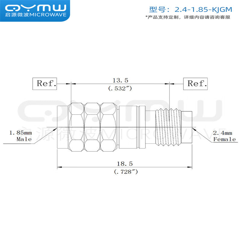 QYMW Coaxial Test Connector, Millimeter Wave DC-50GHz, 2.4mm Female to 1.85mm Male