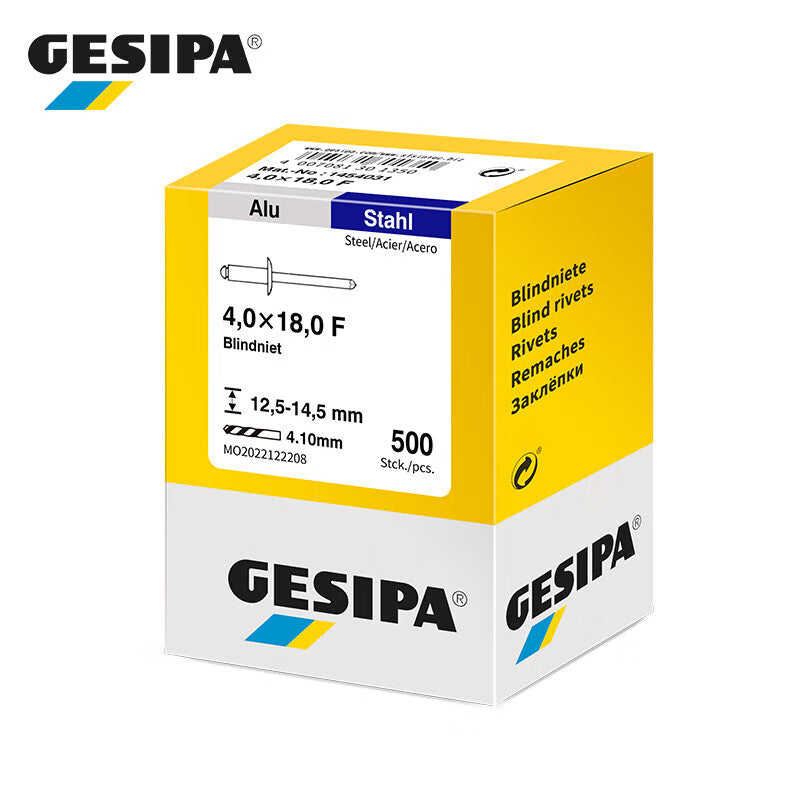 GESIPA 1454031 Standard Flat Round Head Blind Rivet, Aluminum/Steel, 4.0x18.0 F, 500 pieces/box