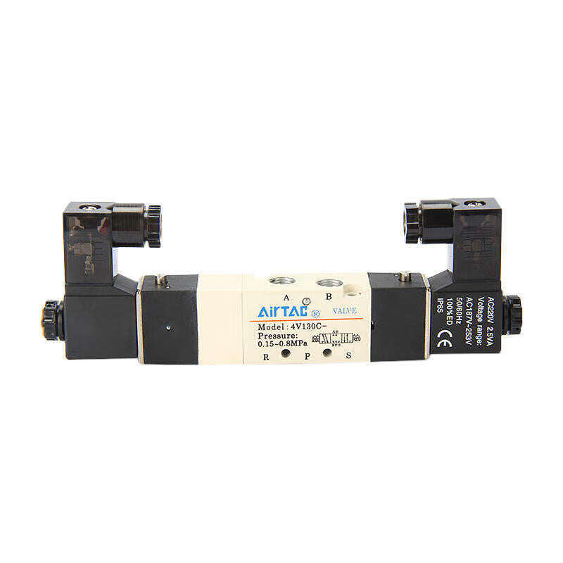 AirTAC internal pilot solenoid valve, 3-position 5-way center-sealed, double solenoid, DIN socket; 4V130CM5A