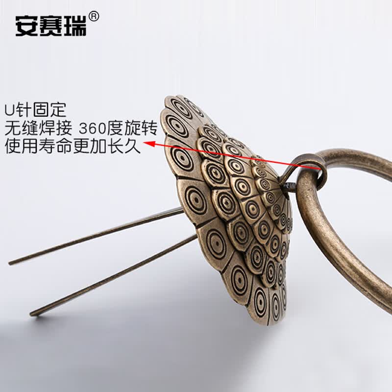Anselé Antique Brass Door Handle, Old Style Chinese Solid Round Door Ring Handle, 13.8cm, Antique Bronze, U-Pin Style, 5D00140