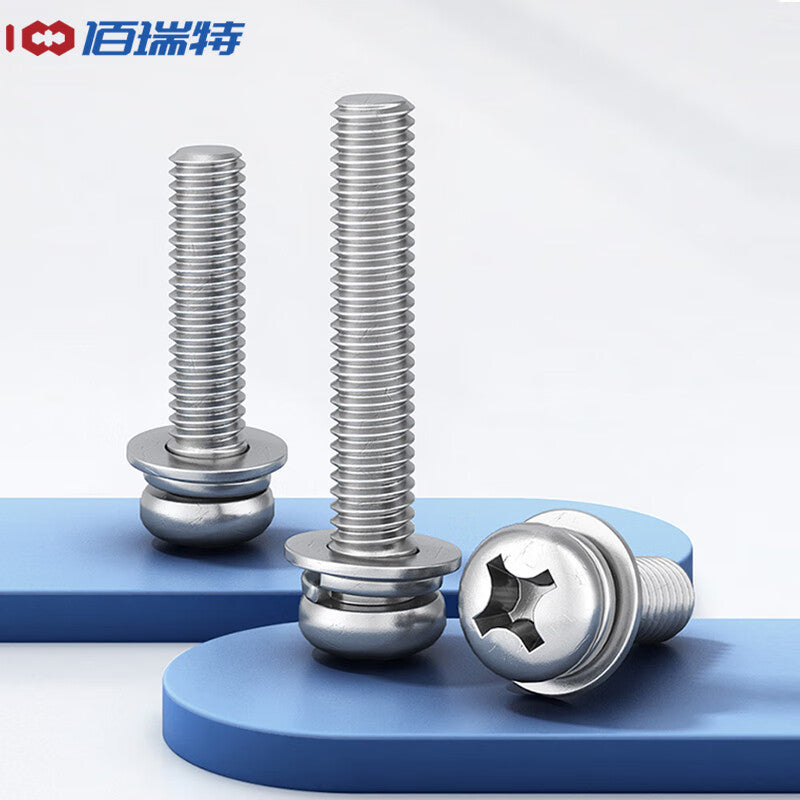 Bairuite 304 Stainless Steel Phillips Head Round Head Combination Screw, Umbrella Head Screw, Spring Washer Flat Washer Set Bolt M5*14 (5 pieces)