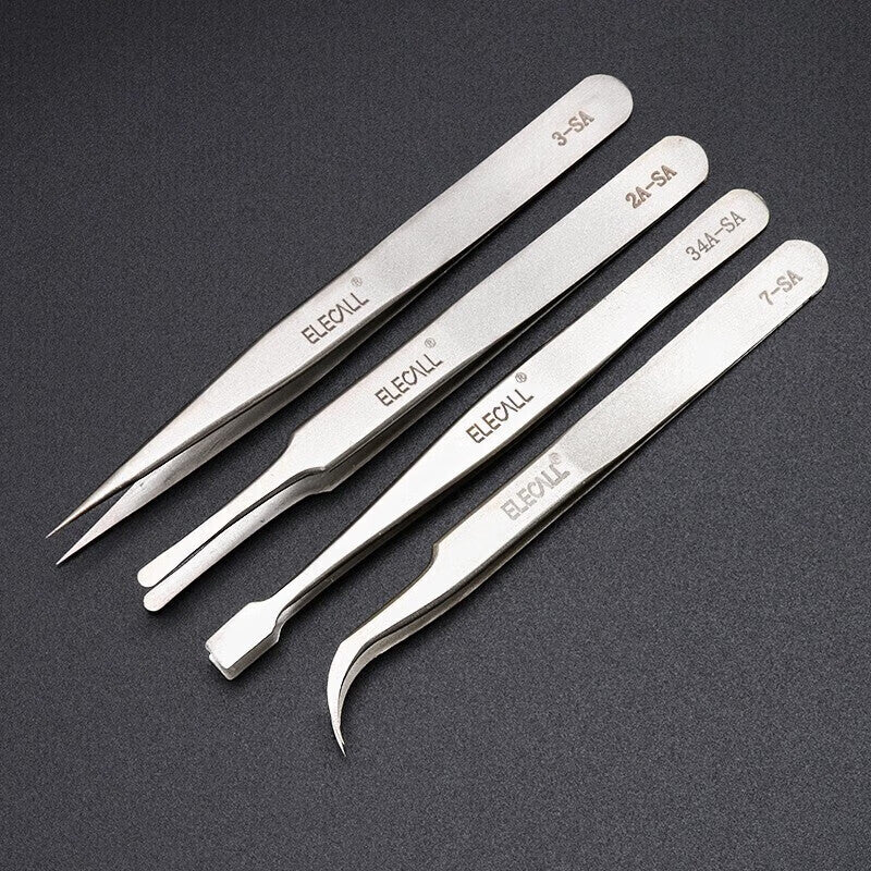 ELECALL Stainless Steel Tweezers 4-Piece Set, Pointed/Curved Tip, Long Handle, Repair and Welding Fixture, Bird's Nest Picking Tool, SA for Home and Industrial Use