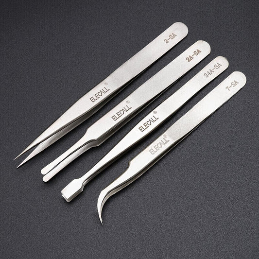 ELECALL Stainless Steel Tweezers 4-Piece Set, Pointed/Curved Tip, Long Handle, Repair and Welding Fixture, Bird's Nest Picking Tool, SA for Home and Industrial Use