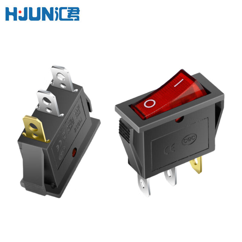 Huijun KCD3 rocker switch, 11*29mm opening, power button, 3-pin, 2-position, red.