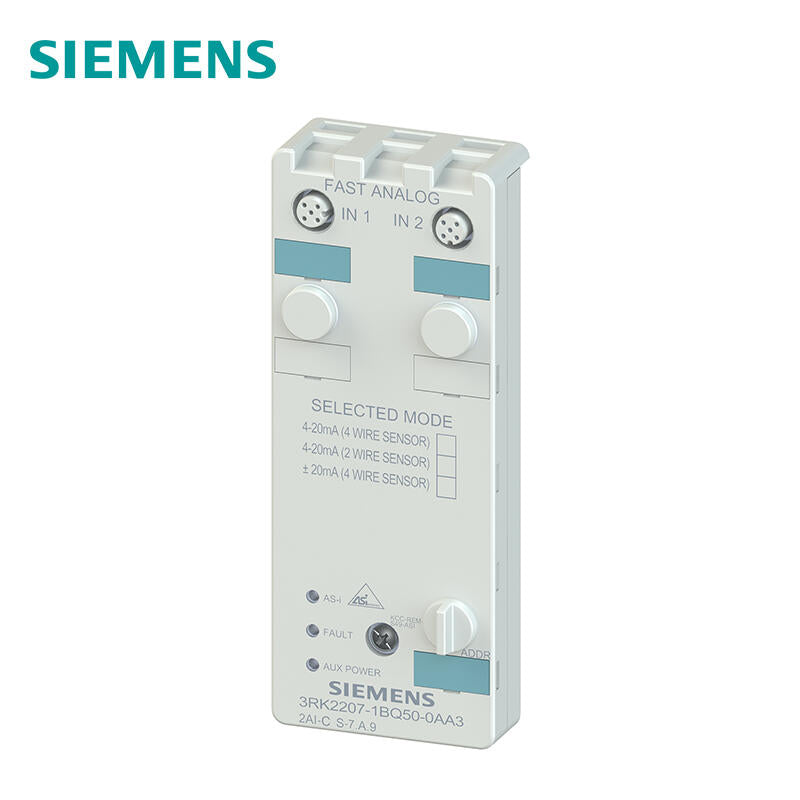 Siemens analog AS-i compact module K60, A/B slave, 2AI, IP672x input, current measuring instrument 4..20mA, +/-20mA for four-wire sensors 2 M12 sockets Mounting plate 3RK1901-0CA00 must be ordered separately; 3RK22071BQ500AA3