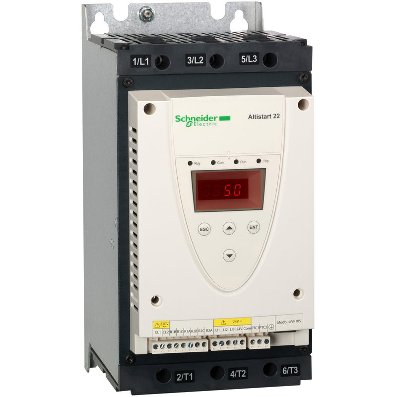 Schneider Electric soft starter, ATS22, 75A, 440V, 220V control power supply; ATS22D75Q