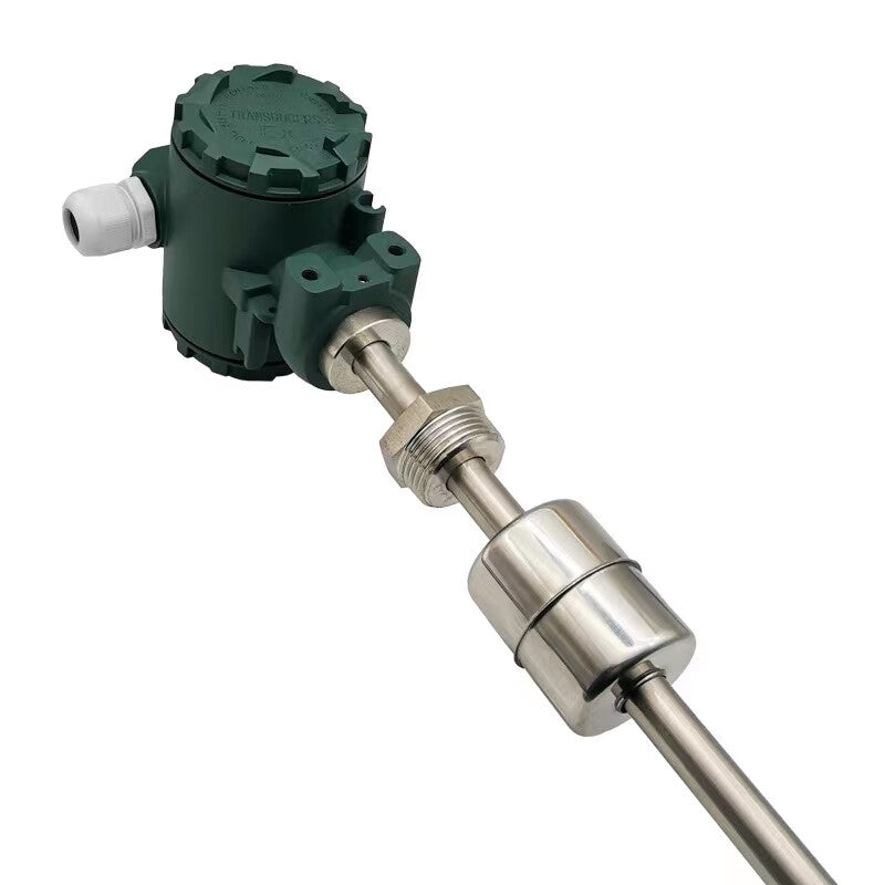 USAMR float level transmitter, insertion magnetic level gauge, stainless steel lined PTFE reed switch sensor, 4-20mA, white/green.