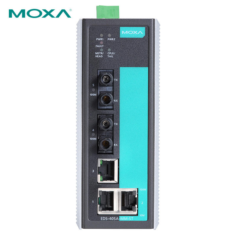 Moxa 5-port managed 100M industrial Ethernet switch with two multi-mode optical ports; EDS-405A-MM-ST
