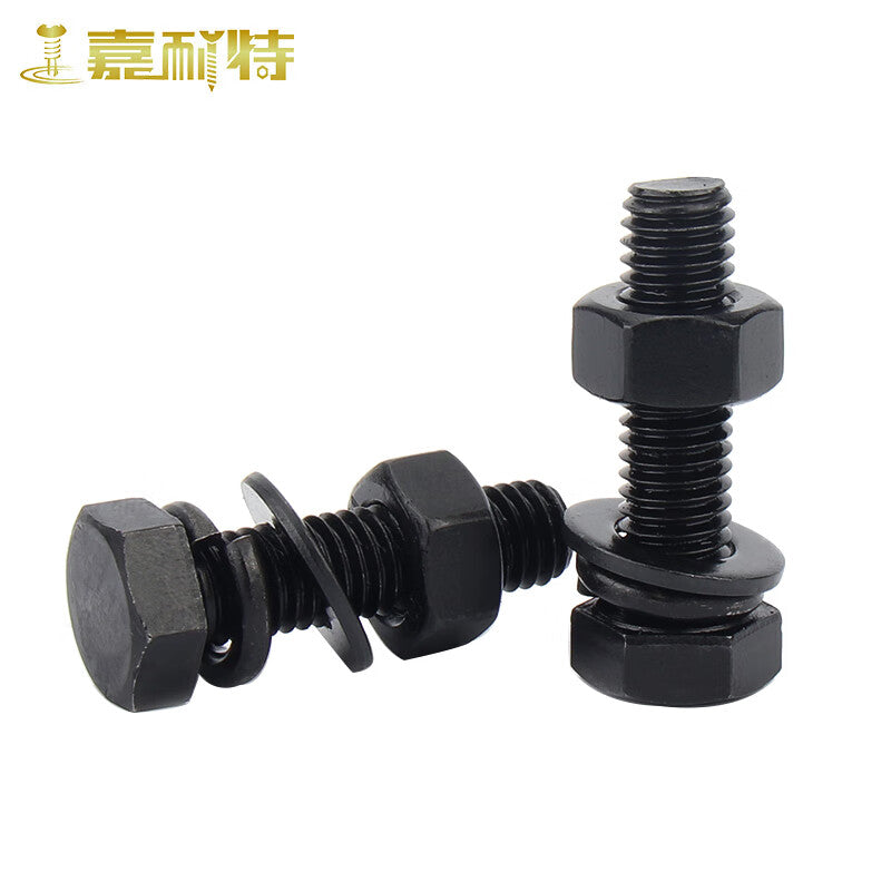 Jianet 8.8 grade blackened external hex bolt, screw and nut set, high strength flat washer and spring washer four-piece combination M12*70 (10 sets)