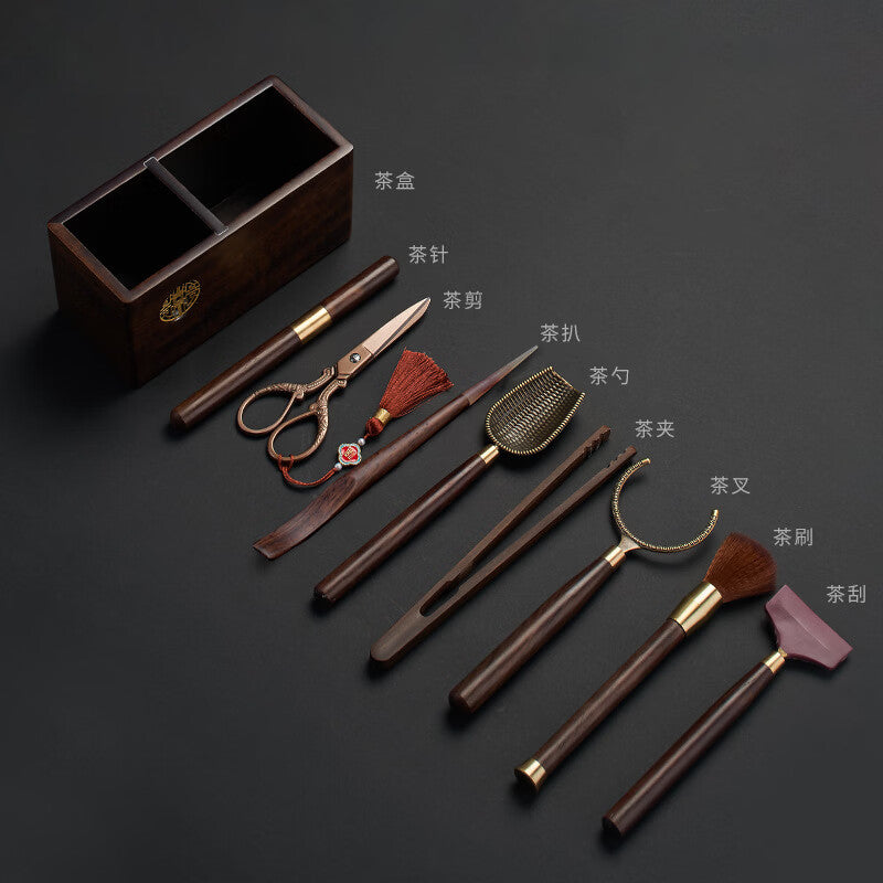 Tiger Pavilion Tea Ceremony Six Gentlemen Kung Fu Tea Set Accessories: Tea Tongs, Tea Knife, Tea Spoon, Cups, Forks, Teapot Care Brush, Manual Tea Brewing Tools