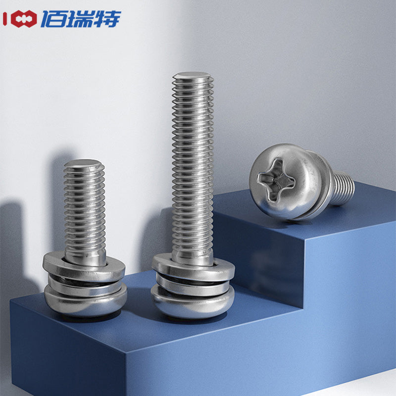 Bairuit 316 Stainless Steel Combination Screws with Spring Flat Washers, Round Head Three-Piece Combination Screws, Phillips Pan Head Combination Screws GB9074 M3*8 [10 Pieces]