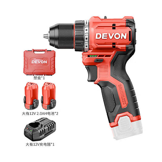 DEVON 12V Lithium Brushless Screwdriver Drill 10mm 50Nm Metal Chuck Fast Charge Plastic Case; 5208-Li-12 (Two Batteries and One Charger 2.0)