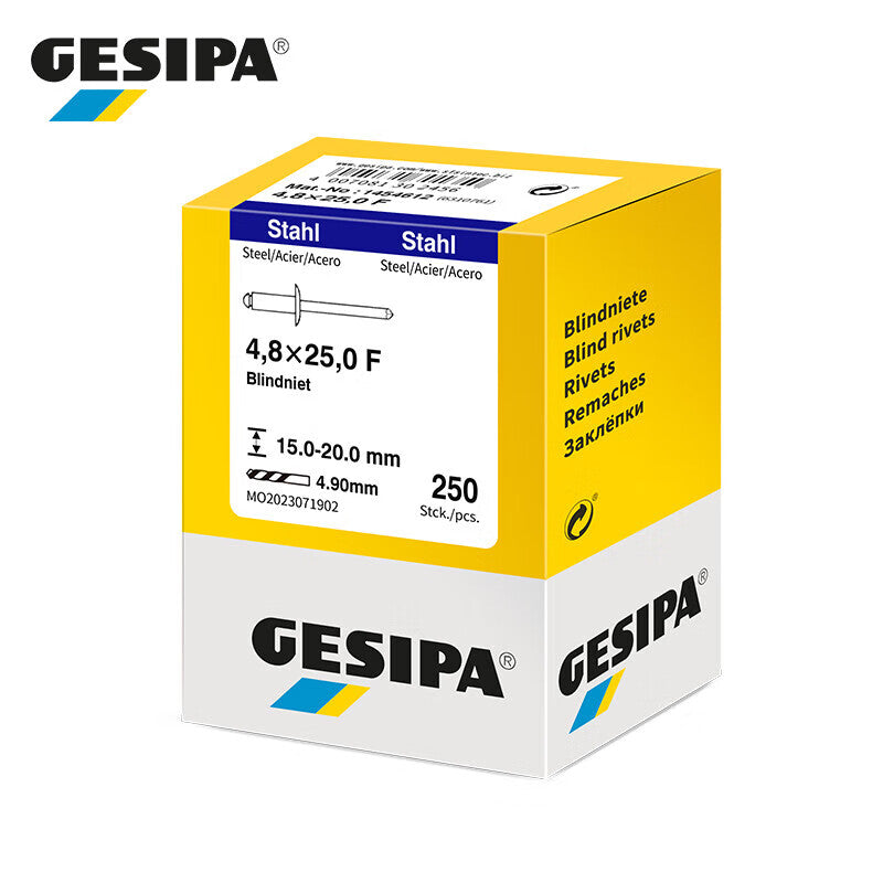 GESIPA 1454612 Standard Flat Round Head Blind Rivet, Steel, 4.8x25.0 F K9, 250 pieces/box