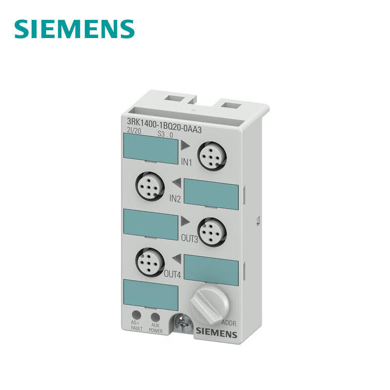 Siemens AS-i compact module K45 digital 2DI/2DQ, 2x input, 2x output, 2A24VDC max. 3A for all outputs 4 M12 sockets Mounting plate 3RK1901-2EA00 or 3RK1901-2DA00 must be ordered separately; 3RK14001BQ200AA3