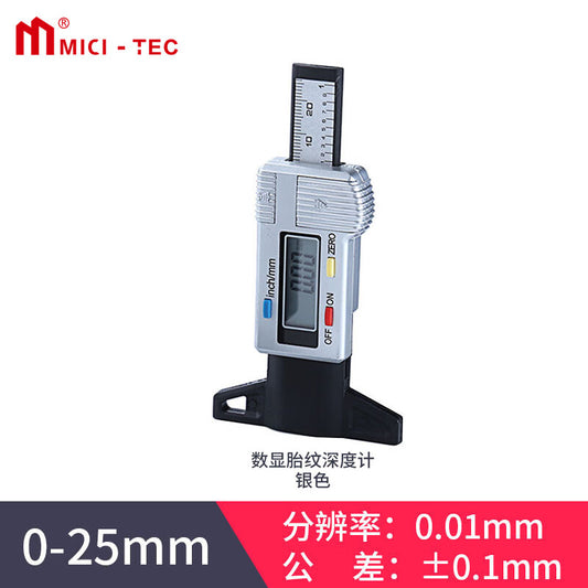 Mitz Digital Tire Tread Depth Gauge, 0-25mm, Metal Head, Miniature Depth Gauge, Tire Tread Gauge 0-25/0.01mm/Silver