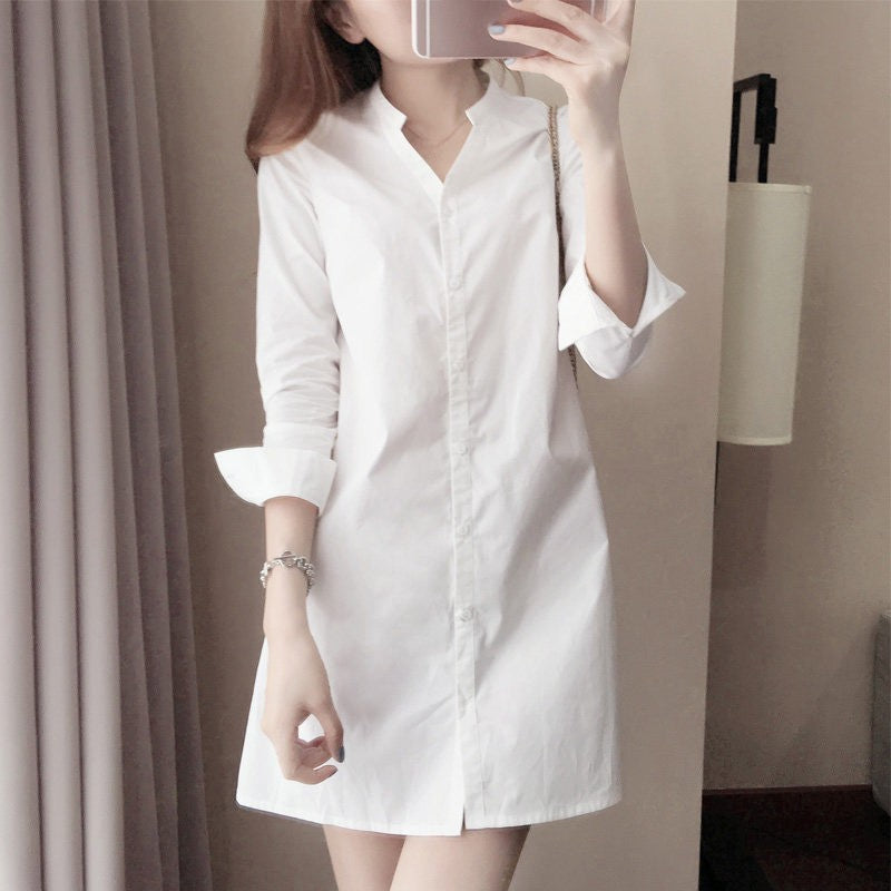 Women Girls Casual White Shirt Long Sleeve V-Neck Slim Fit  for MINI Shirt Dress