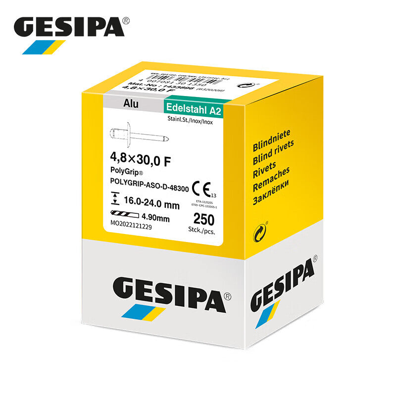 GESIPA 1433896 Standard Flat Round Head Blind Rivet 4.8X30.0 F "CE" 250 pieces/box
