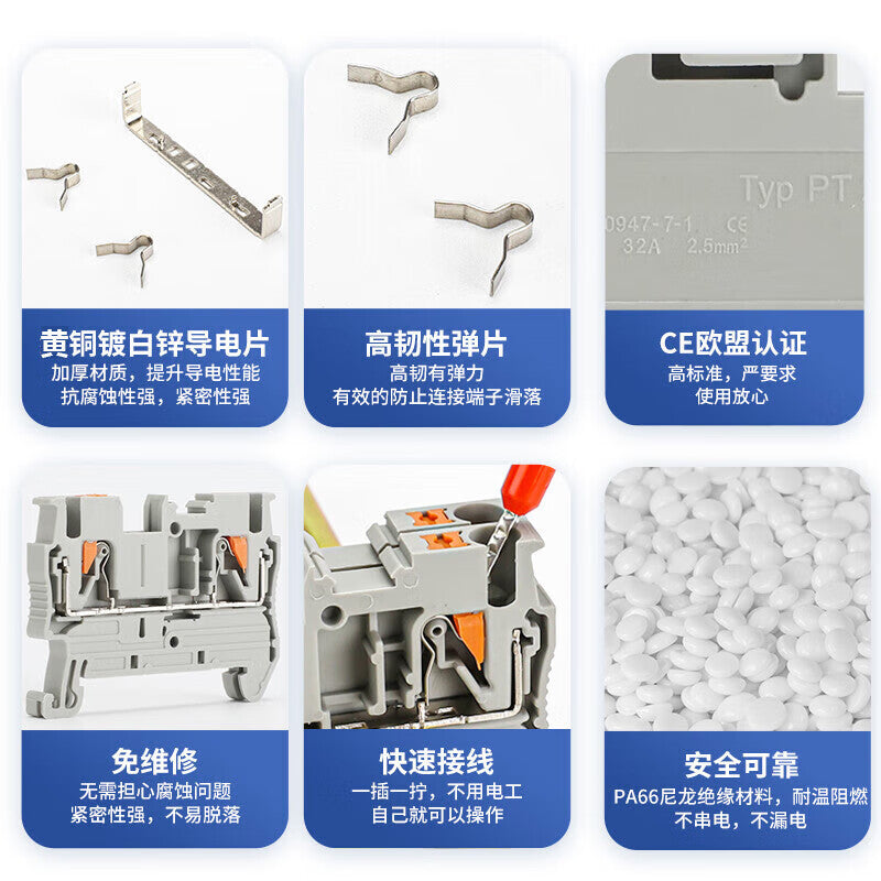HUNJUN PT2.5 Rail-Mounted Spring Terminal Block, Quick-Connect Combination Terminal Block, 100 Pieces