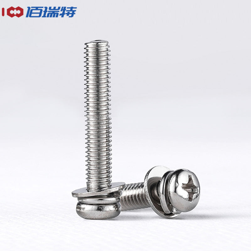 Bairuit 316 Stainless Steel Combination Screws with Spring Flat Washers, Round Head Three-Piece Combination Screws, Phillips Pan Head Combination Screws GB9074 M3*8 [10 Pieces]