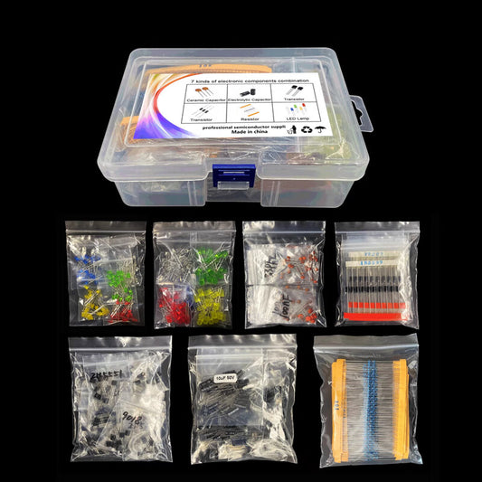 Qiyu 3mm and 5mm LEDs, ceramic capacitors, electrolytic capacitors, and metal film resistors – 7 types of components, boxed set of 1500 pieces.