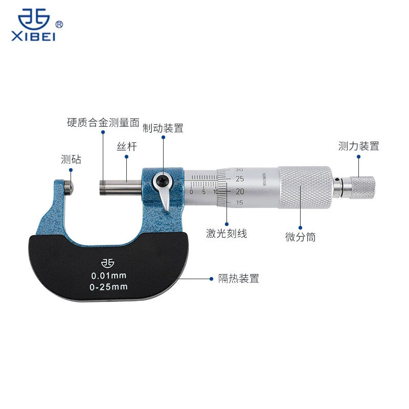 Northwest Qinghai Province, China: JK type micrometer with single and double round head, measuring wall thickness, graduation value 0.01mm, 200-61-100/0-25mm single ball head.