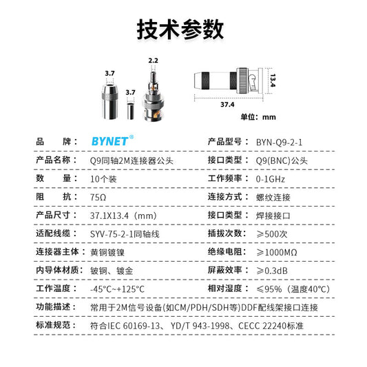 BYNET BNC connector BNC-J-2-1 E1 connector 2M Q9 connector DDF RF cable plug coaxial SYV-75-2-1 cable connector 10-pack