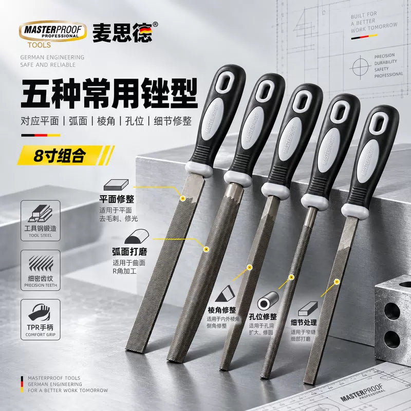 MASTERPROOF File Set - Fine-toothed metal sharpening steel files, flat files, triangular files, square files, metalworking and woodworking files. [2]