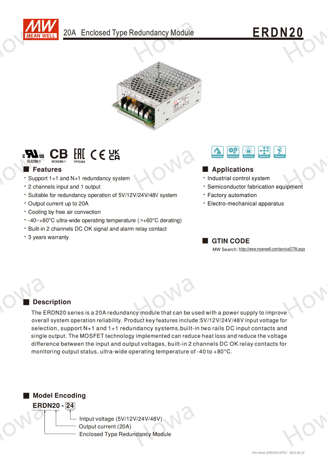 Mean Well Switching Power Supply ERDN20-5 12 24 48V 20A DIN Redundancy Module [7]